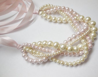 Ribbon blush pink and ivory pearls braided twisted chunky statement pearl necklace bridesmaid bridal custom order
