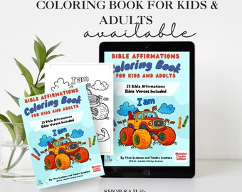 25 Bible Affirmations Kids and Adult coloring book - Monster truck Edition