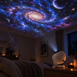 Könnte beinhalten: Eine weiße, kugelförmige Galaxie-Projektorlampe steht auf einem Nachttisch und wirft eine lebendige, detaillierte Projektion einer wirbelnden blauen und violetten Spiralgalaxie mit Sternen und Planeten an die Decke eines dunklen Zimmers.
