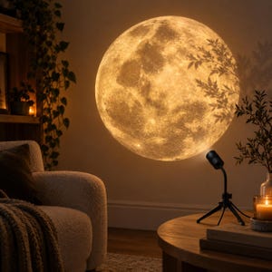 May include: A small black projector lamp with a flexible neck and tripod base sits on a wooden table, casting a large, detailed, warm-toned circular projection of the moon onto a wall, featuring visible craters and shadows of nearby foliage.