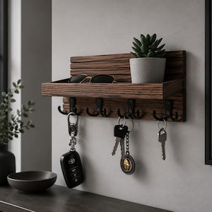 May include: A wall-mounted dark wood organizer featuring a horizontal shelf and four black metal hooks. The shelf holds a small potted succulent and a pair of sunglasses. Three sets of keys hang from the hooks, including a black car key fob.
