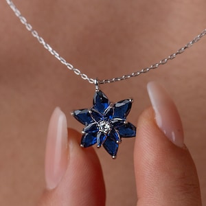 Blue Crystal Flower Necklace With Silver Chain, Elegant Floral Pendant With Crystal Sapphire,Gift For Her, Anniversary Jewelry,Mother&#39;s Day