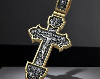 Handmade Orthodox Crucifix Pendant – Jesus Christ on Cross with Saints and Archangel, Gold-Framed Christian Icon Necklace, Faith Gift