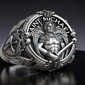 Erzengel Michael Ring - Schild und Schwert Christlicher Ring mit gotischer Detaillierung, Symbol des Verteidigers des Glaubens, Schmuck des spirituellen Kriegers