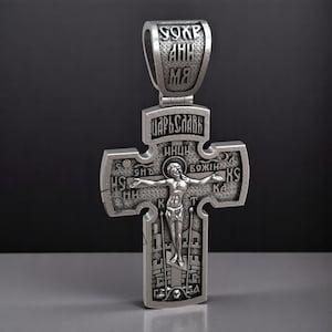 Orthodox Cross Pendant for Men in Aged Silver Finish – Jesus Christ Crucifix and Archangel Michael | Religious Gift | Byzantine Style