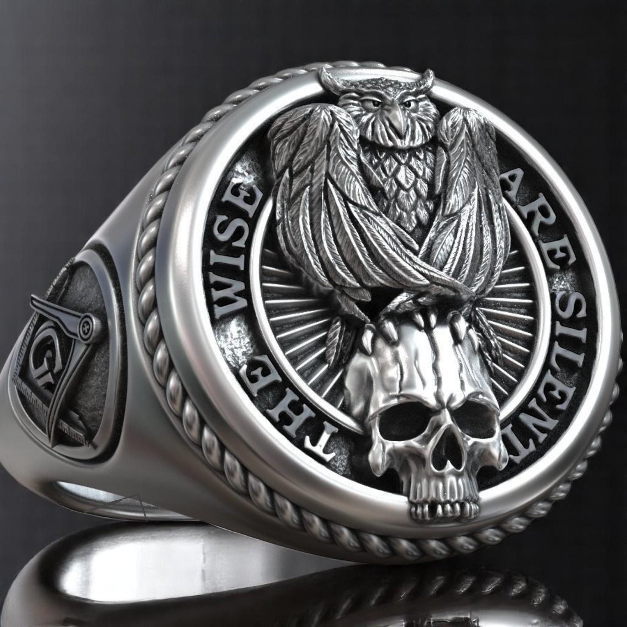925 Sterling Silver Masonic Owl Skull Ring, The Wise Are Silent Signet, Freemason Symbolism Jewelry,