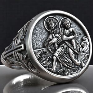 Handmade Saint Christopher Signet Ring – Carrying Christ Christian Ring for Men, Catholic Silver Protection Jewelry, Traveler Faith Gift