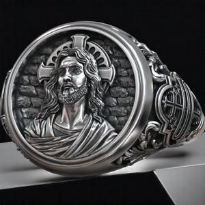 Handmade Jesus Christ Christogram Ring – Sacred Symbol of Faith in Oxidized Silver, Christian Gothic Signet Ring for Men, Spiritual Gift