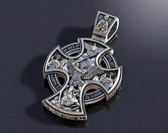 Orthodox Cross Pendant – Handmade Silver Iconic Cross with Saints, Cherubim, Inscriptions, Symbol of Divine Intercession, Faith,Holy Power