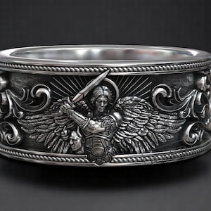 Saint Michael Archangel Ring – Spiritual Protection Ring with Sword and Demon Detail, Bold Christian Jewelry, Warrior Angel Statement Band