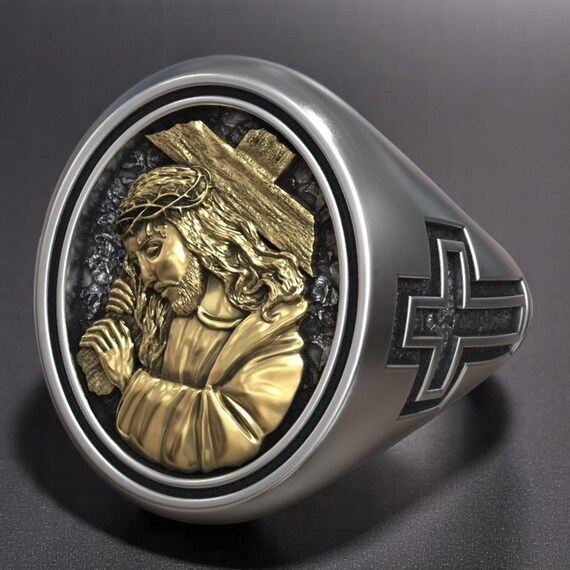 Jesus Christ Cross Signet Ring – Crown of Thorns Religious Symbol