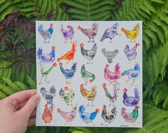 Original hand painted watercolour funny chicken art