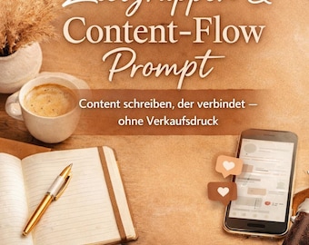 May include: A styled image featuring a notebook, pen, coffee cup, and smartphone. The text "Zielgruppen & Content-Flow Prompt" is displayed, along with additional text in German. The scene is set on a wooden surface with decorative elements.