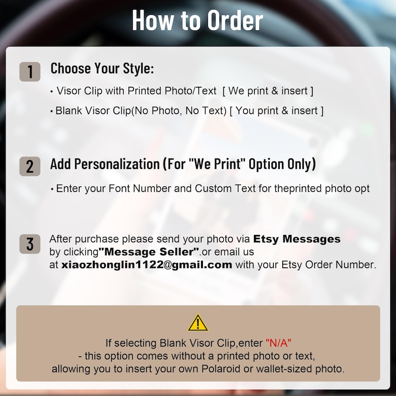 May include: A white graphic with the text "How to Order" at the top. The graphic details the steps to order a visor clip, including choosing a style, adding personalization, and sending a photo via Etsy Messages or email.