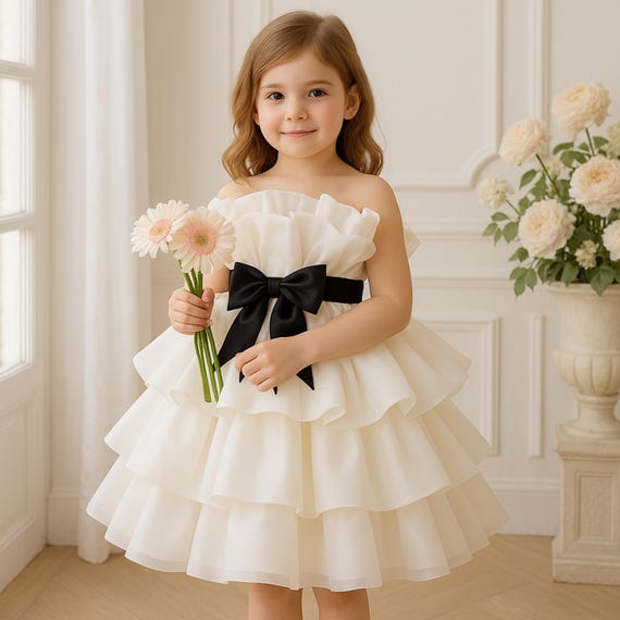 Ivory Tutu Dress: Layered Ruffle Ball Gown with Black Bow