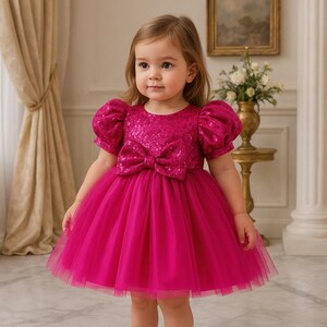 Sequin Baby Girl Birthday Dress Puff Sleeve Tutu Dress with Bow, 1st Birthday Outfit, Toddler Princess Party Dress, Cake Smash Gown