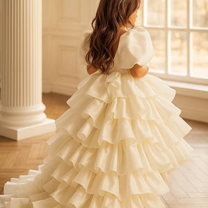 White Ruffle Flower Girl Dress: Couture Organza Ball Gown with Bow