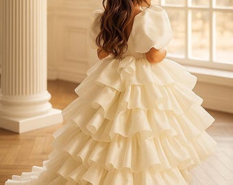 Luxury White Ruffle Flower Girl Dress – Couture Ball Gown with Train & Bow | Wedding Toddler Gown | Pageant Floor-Length Tiered Dress 1–8Y