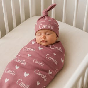 Juego de mantas personalizadas para bebé: manta con nombre personalizado, gorro o lazo, regalo para recién nacidos para mamá, regalo para baby shower para niño o niña.