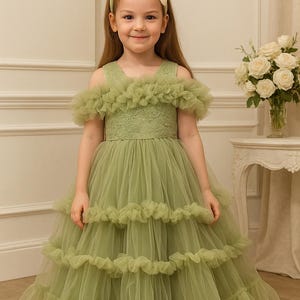Salbeigrünes Blumenmädchen Kleid: Rüschen Tüll Ballkleid, Geburtstags Party Outfit