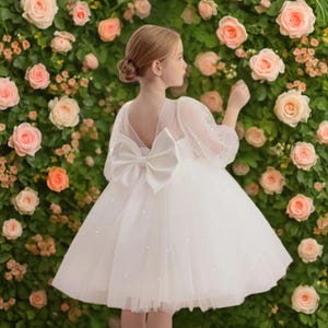 White Tulle Flower Girl Dress: Pearl Bow, Elegant Party Outfit