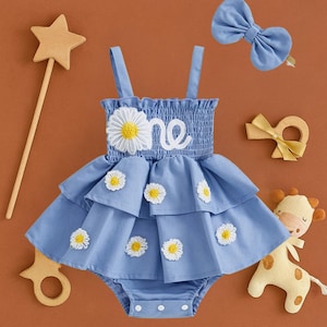 Baby Girl Daisy One Birthday Outfit – One Romper with Matching Headband | 1st Birthday Dress with Flowers | Summer Layered Tutu Romper 6–18M