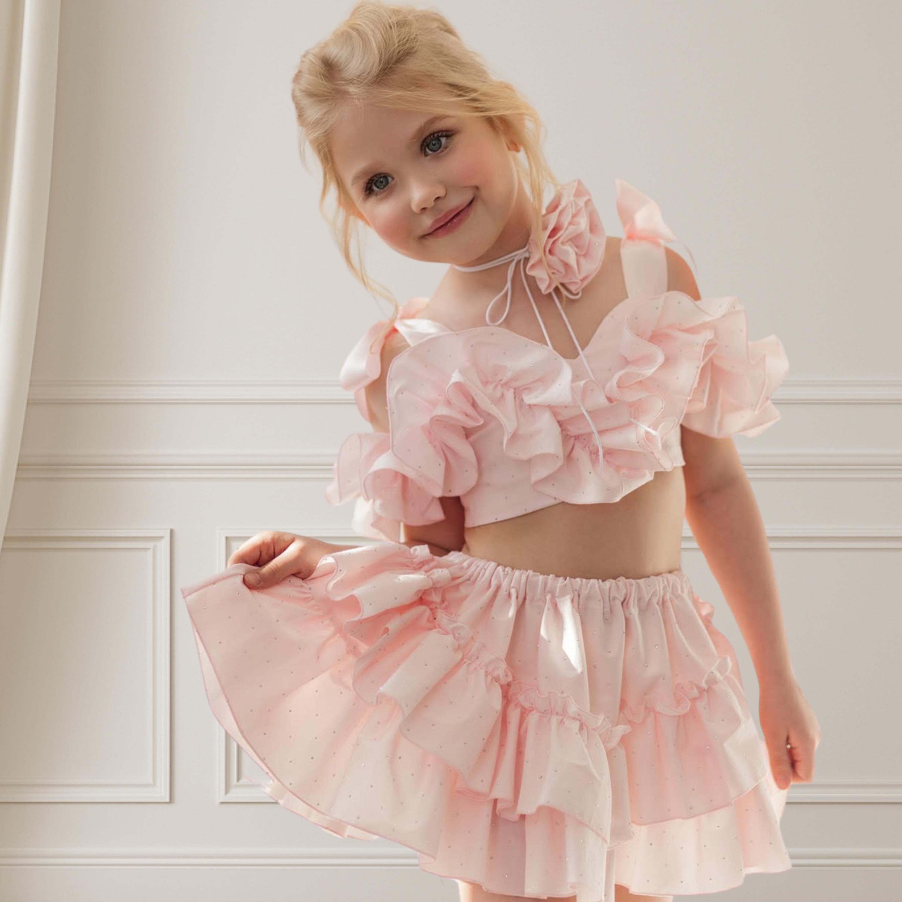 Blush Pink Ruffle Two-Piece Outfit for Girls Toddler Birthday or Photoshoot Set, Fairy Style Skirt and Top, Fashion Party Look for 3–6 Years