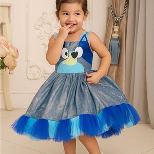 Blue Dog Inspired Tutu Party Dress for Girls – Toddler Birthday Costume Outfit with Lace Skirt – Cartoon Pup Princess Outfit for Dress-Up