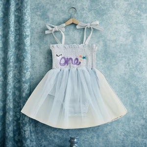 Baby Girl 1st Birthday Romper – Blue Tulle Dress with “One” Embroidery | First Birthday Outfit Girl | Summer Cake Smash for One Year Old