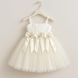 Ivory Tulle Princess Dress for Girls – 1st Birthday or Formal Party Gown, Suspender-Style Flower Girl Dress with Bow, Toddler to Kids 1–13Y