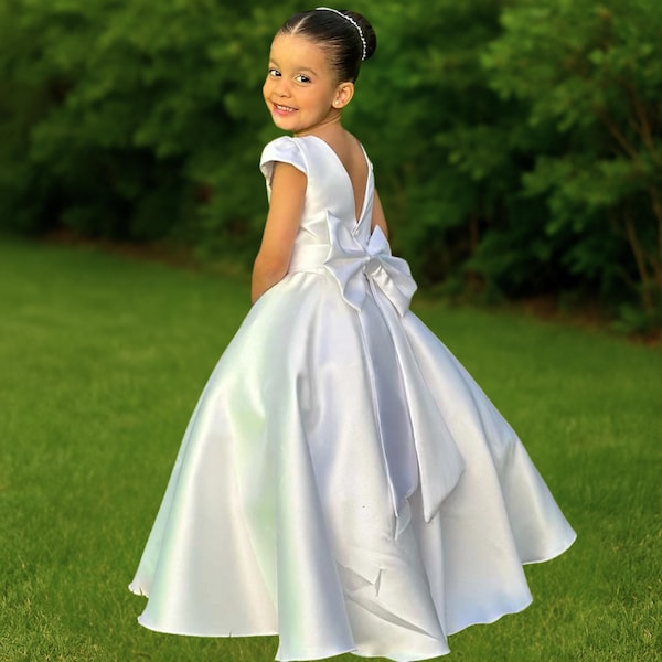 White Satin Flower Girl Dress: Elegant Ball Gown, First Communion