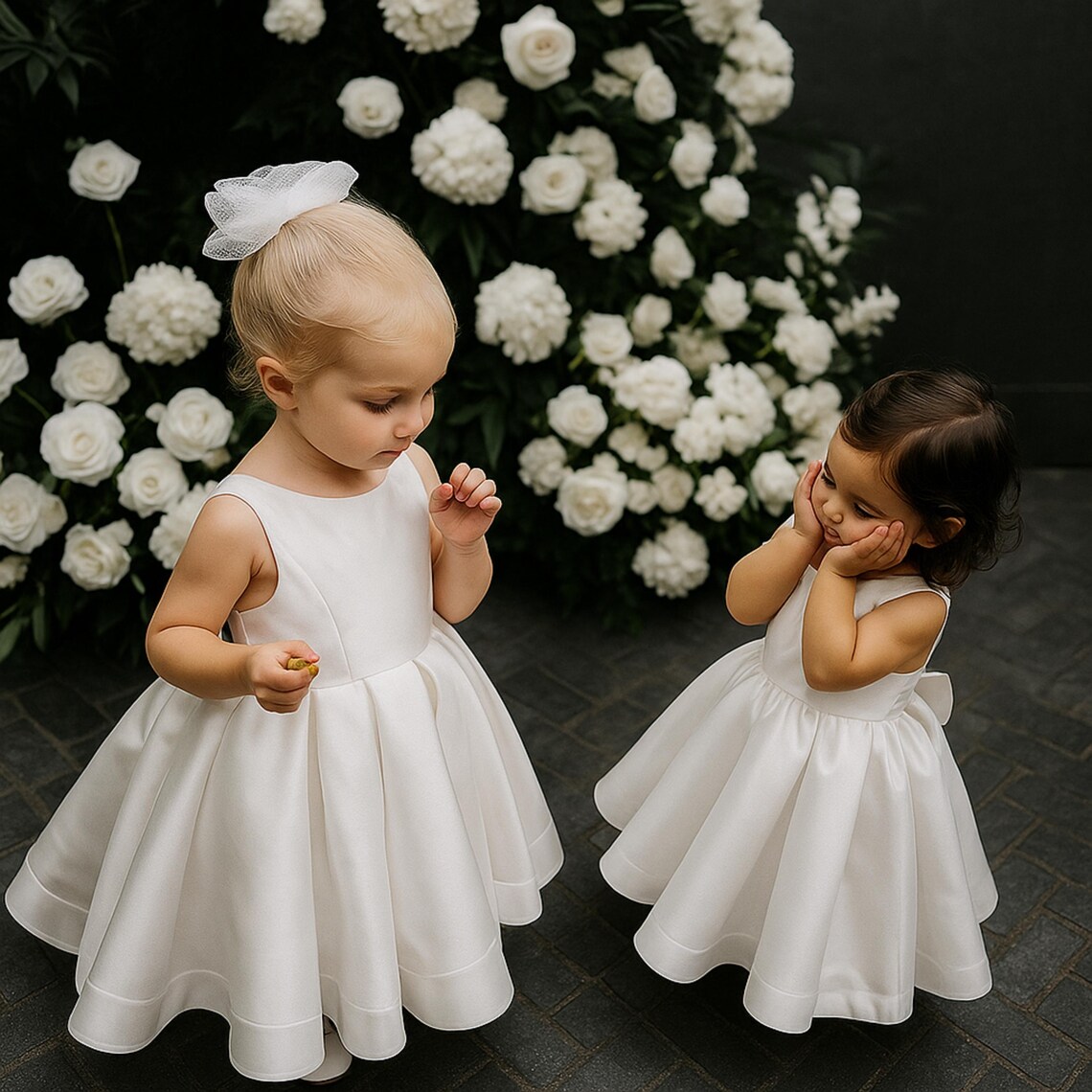 White Satin Square Neck Bow Back Girl Party Dress main image 0