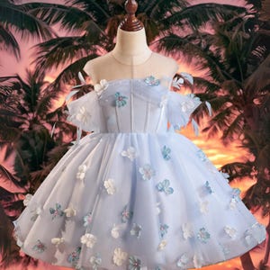 Blue Tulle Flower Girl Dress, Toddler Ballet Party Dress, 3D Floral Princess Dress for Girls, Fairy Birthday Dress, Elegant Pageant Outfit