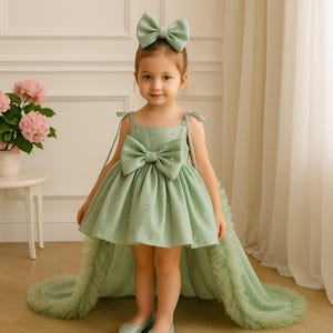 Sage Green Flower Girl Dress: Tulle Train, Pearl Bow - Birthday Princess Gown