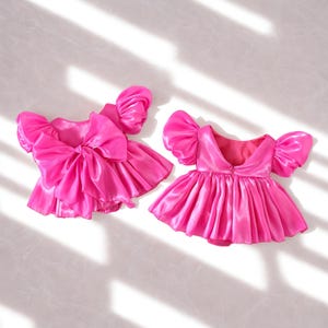 Felroze satijnen verjaardagsjurk voor babypeutermeisje – prinsessenjurk met pofmouwen en grote strik – bloemenmeisjesoutfit – cake-smash-feestjurk