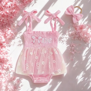 First Birthday Baby Girl Romper – Tulle Dress with “One” Embroidery & Bow Headband, 1st Birthday Outfit, Baby Girl Summer Cake Smash Clothes