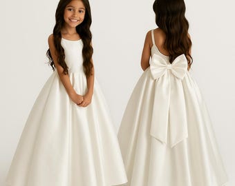 Flower Girl Dress Satin Gown with Big Bow – Sleeveless Floor-Length Dress for Weddings, Birthdays – White or Blush Pink – Custom Sizes