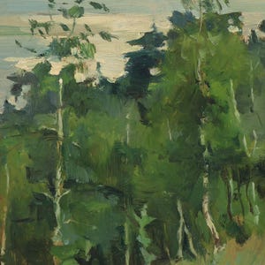 Edge of the Forest. Original Antique Oil Small Painting Summer Forest Trees Landscape, Ukrainian Artist, Vintage Artwork 60s. Unsigned.