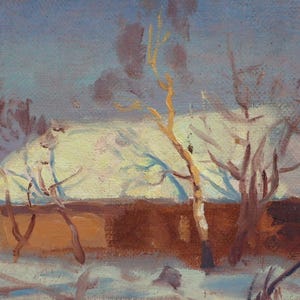 Cabaña de invierno. Pintura al óleo antigua de pequeño tamaño, original, paisaje rural invernal, lienzo montado sobre cartón, de un artista ucraniano desconocido, años 60.
