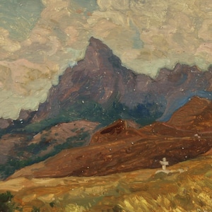 Montaña en las Nubes, 1981. Pintura al óleo original vintage de paisaje montañoso sobre cartón, del artista ucraniano V. Kryuchkov. Obra firmada.