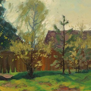 Sunny Courtyard in the Village. Bright Original Antique Oil Painting Summer Rural Landscape, Ukrainian Artist V. Kryuchkov. Artwork, 80s.