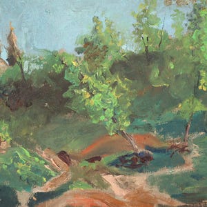 Camino a la Iglesia. Óleo antiguo original de un pequeño paisaje de verano sobre cartón, de un artista ucraniano desconocido, años 60. Sin firmar.