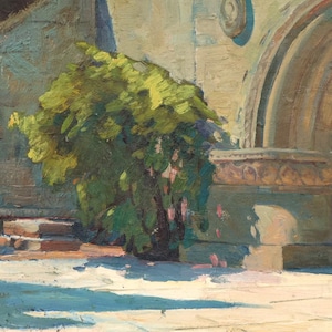 Mediodía en el patio, 1972. Pintura original vintage, óleo sobre cartón, paisaje arquitectónico de verano, artista ucraniano V. Kryuchkov.