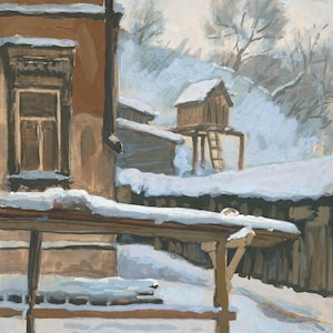 Patio invernal. Pintura al pastel antigua de un paisaje rural invernal original sobre cartón, obra de un artista ucraniano desconocido, años 60.