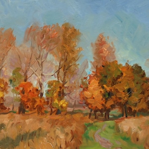 A road through the autumn woods. Original Vintage Oil Painting Fall Landscape, Ukrainian Artist V. Kryuchkov. Signed Artwork, 80s.