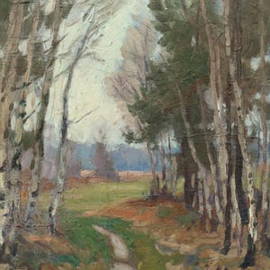Un sendero entre abedules. Pintura al óleo original de un paisaje vintage, del artista ucraniano V. Kryuchkov. Obra sin firmar, años 80. Ligeramente rota.