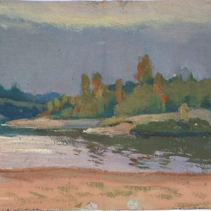Matinée au fil de l&#39;eau. Peinture à l&#39;huile originale ancienne sur toile Artiste ukrainien inconnu des années 60. Paysage antique de rivière d&#39;été. Non signé.