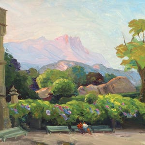 Encontro no parque cercado por montanhas, 1984. Pintura a óleo original vintage Paisagem de montanha de verão, artista ucraniano V. Kryuchkov.