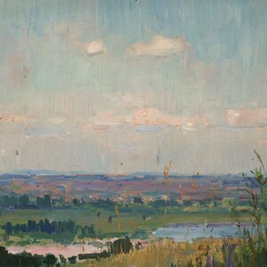 Pintura al óleo antigua pequeña original de paisaje rural de río de verano sobre cartón de un artista ucraniano desconocido, años 60. "Amplio valle".