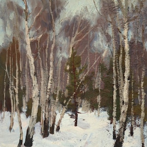 Birches in a Snowstorm, 1978. Original Winter Landscape Vintage Original Oil Painting, Ukrainian Artist V. Kryuchkov. Signed Artwork.